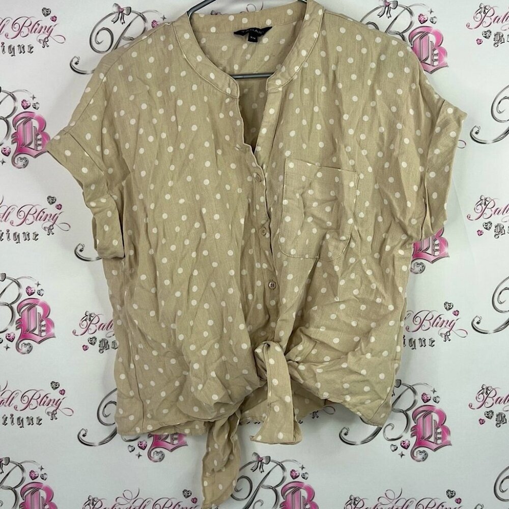 Tahari tshirt button up front twist tie Beige Polka Dot Button Down Shirt